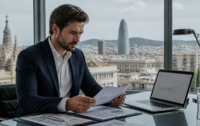 BCE mantiene los tipos: profesional analizando documentos financieros en una oficina de Barcelona
