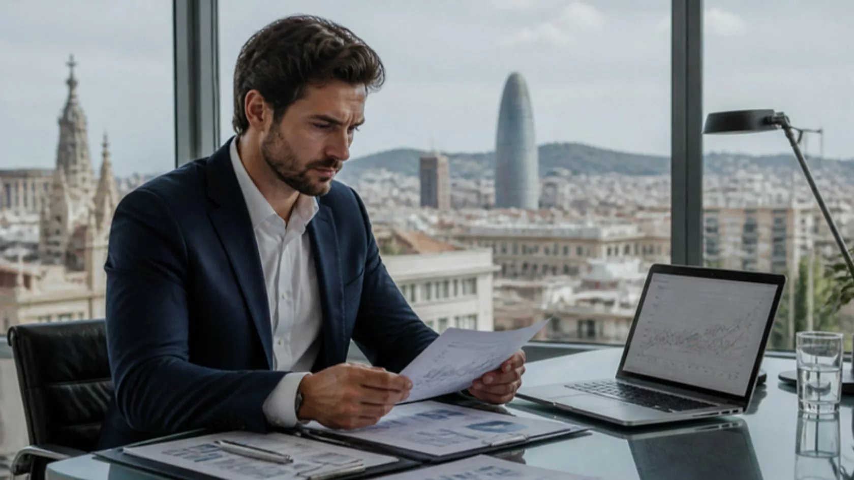 BCE mantiene los tipos: profesional analizando documentos financieros en una oficina de Barcelona