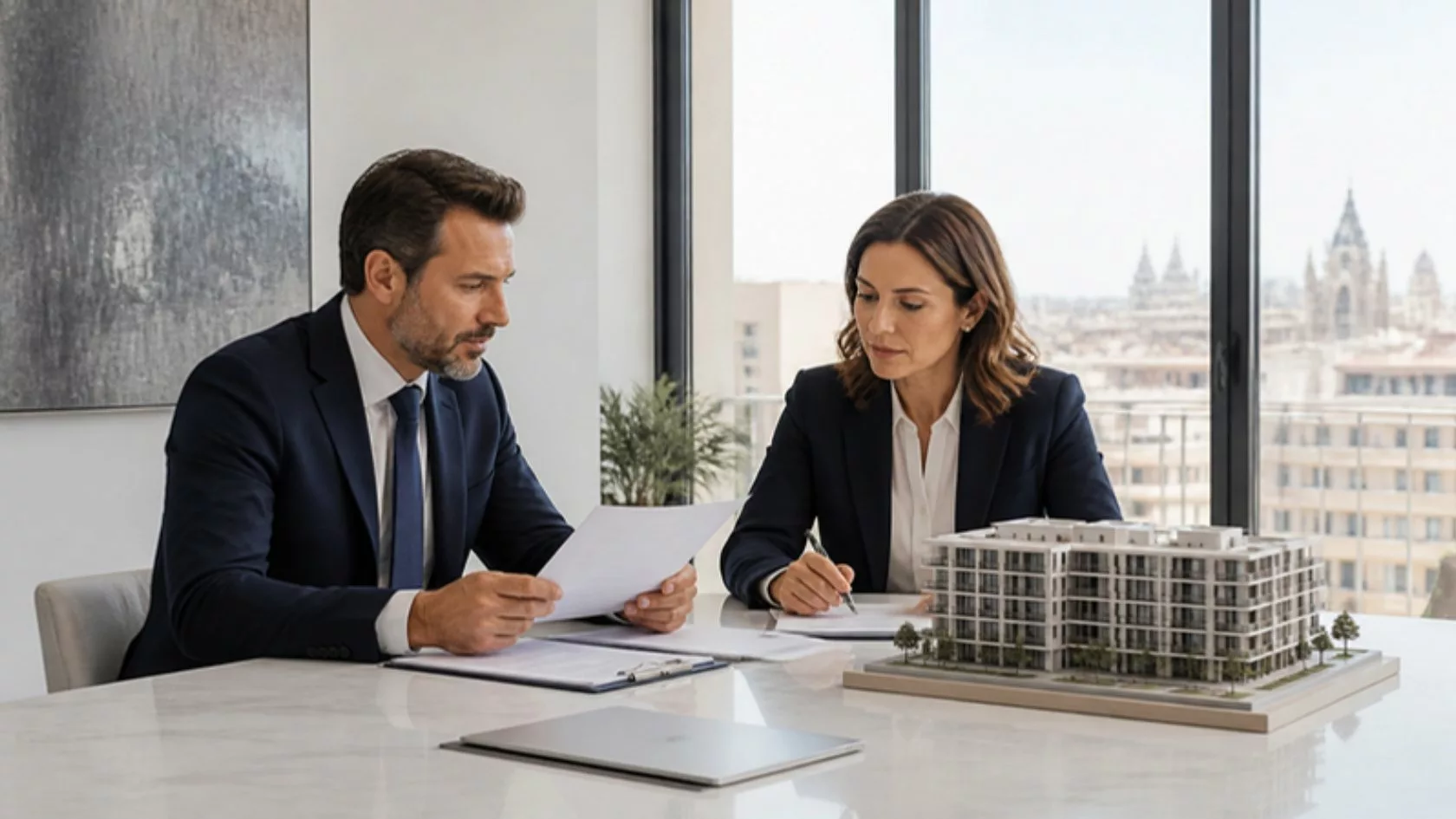 Bonos de deuda inmobiliaria: profesionales revisan la documentación de una emisión junto a una maqueta de edificio