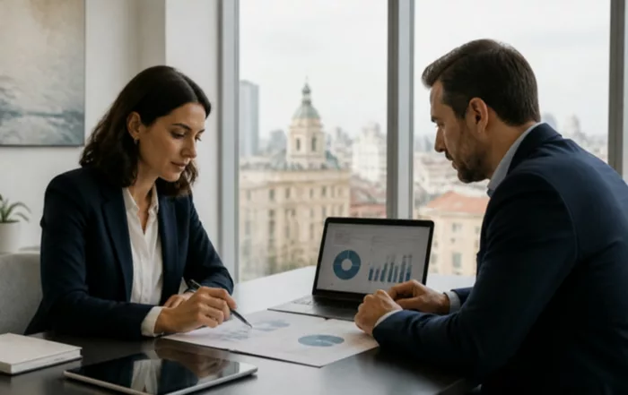 Dos profesionales analizan datos de crowdfunding inmobiliario en España en una oficina