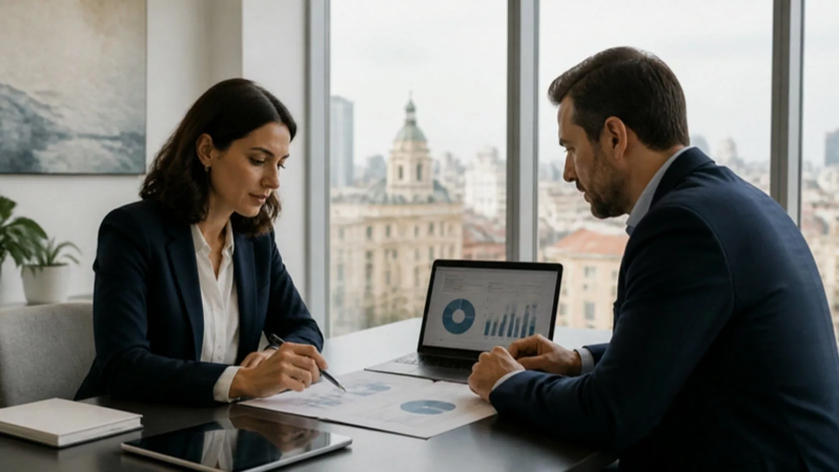 Dos profesionales analizan datos de crowdfunding inmobiliario en España en una oficina