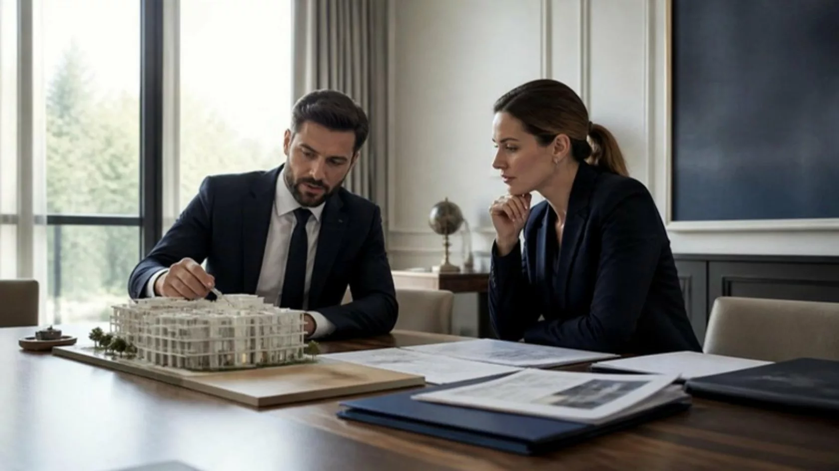 Dos profesionales analizan una maqueta de edificio y documentos: inversión alternativa al estilo family office en España