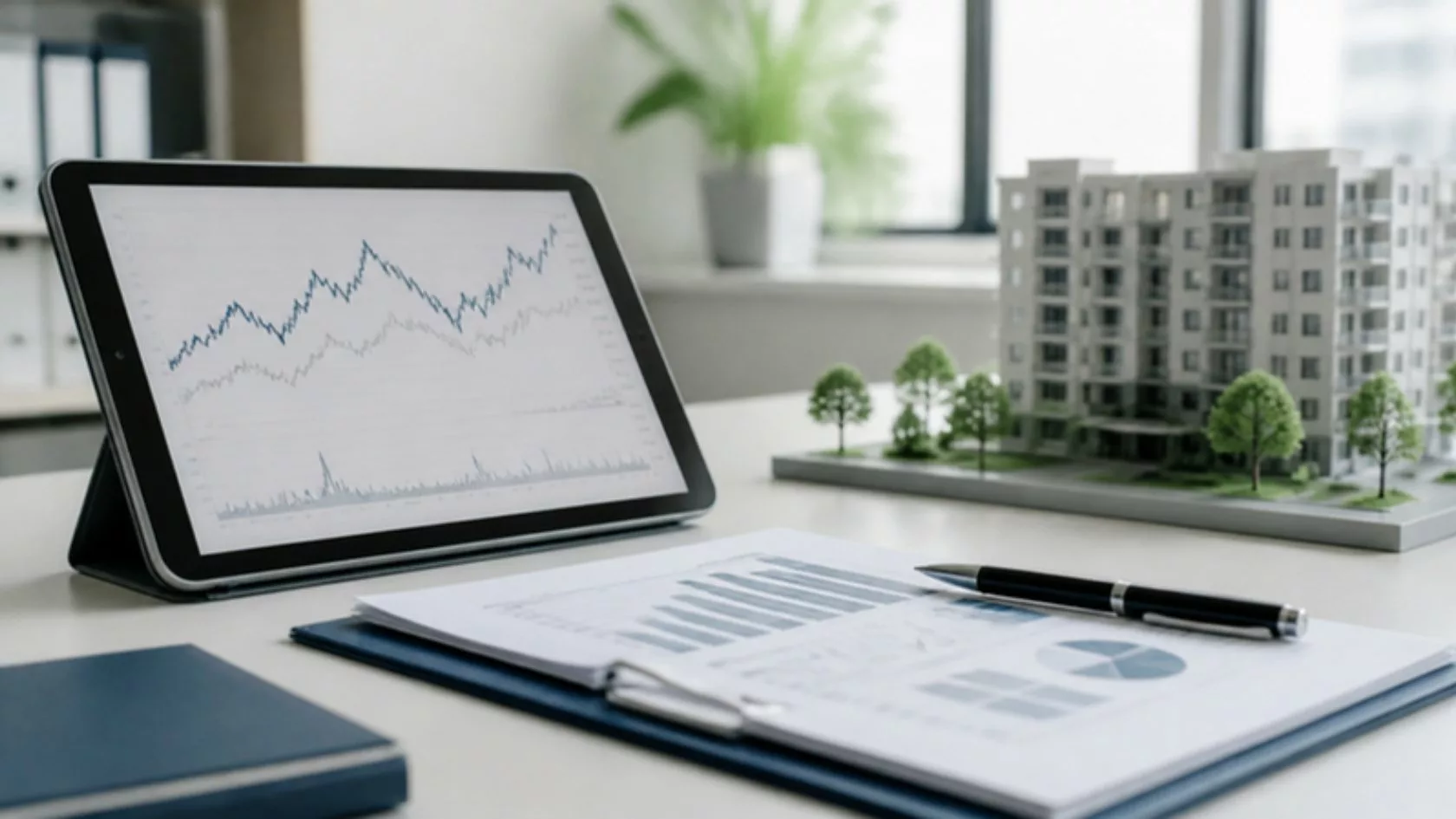 Tableta con gráficos, maqueta de edificio residencial y documentos: hipotecas de agosto de 2026