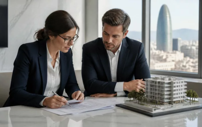 Profesionales revisando documentos de financiación y una maqueta de edificio en una oficina de Barcelona