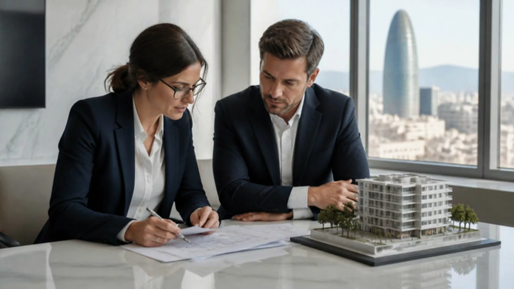 Profesionales revisando documentos de financiación y una maqueta de edificio en una oficina de Barcelona